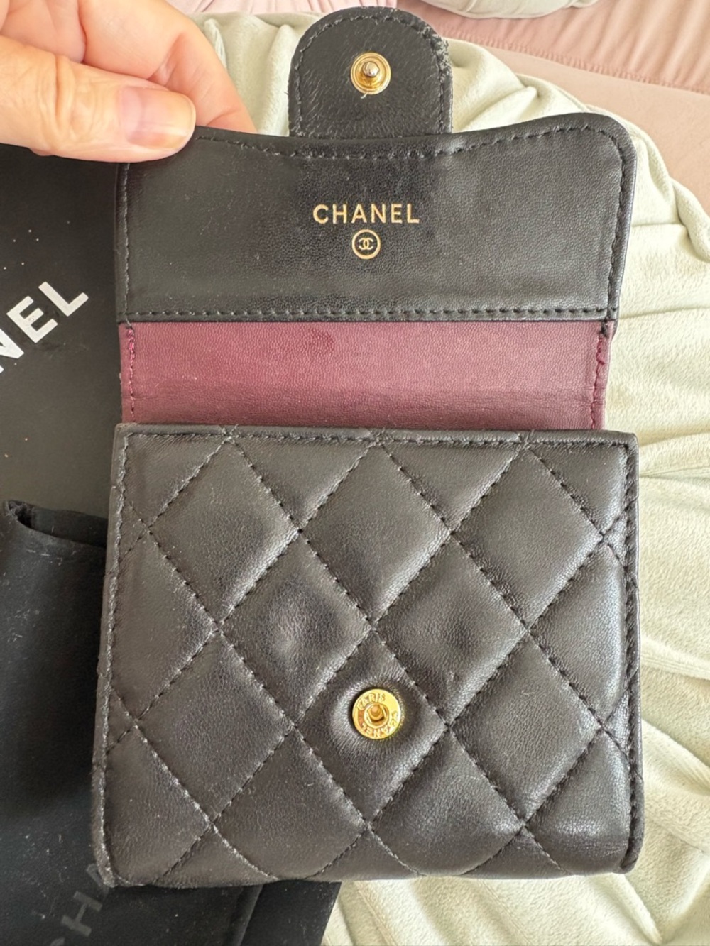 CHANEL Black Quilted lambskin genuine  Leather Small tri-fold Wallet - Picture 7 of 12